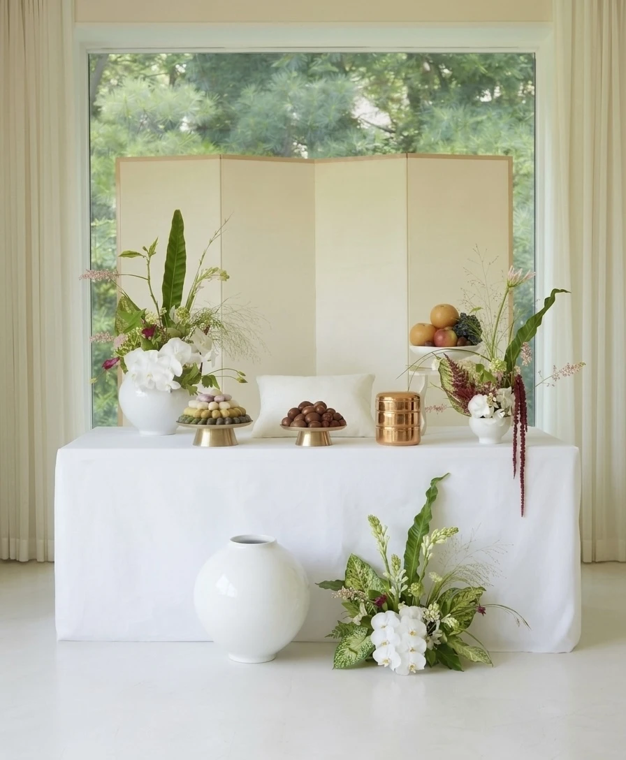 Complete Korean first birthday table with white orchids and botanical floral styling