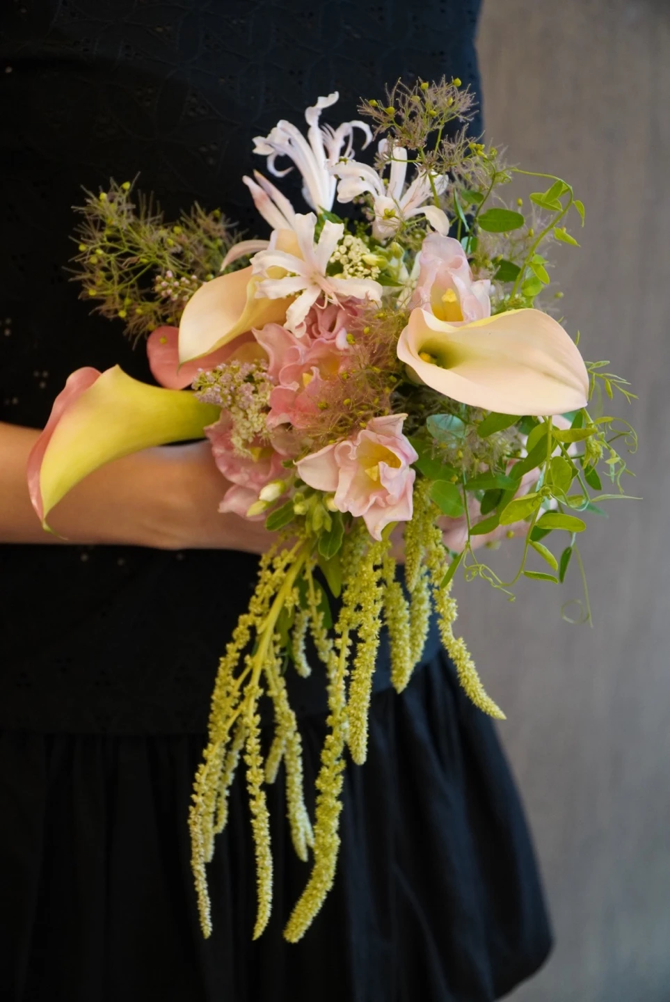 Pink and yellow flowers in a modern bouquet